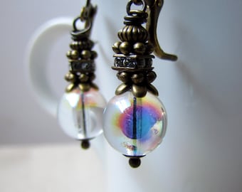 Soap Bubble Glass Earrings, Antiqued Brass Globe Earrings, Tiny Dangle Earrings, Czech Glass Wire Wrapped Earrings, Gift for Her Under 30