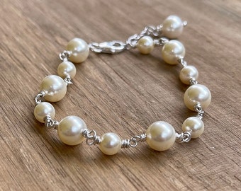 Swarovski Pearl Sterling Silver Bracelet, Hand Wrapped Chain, Adjustable Length