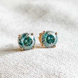 Teal Green Moissanite Earrings, 4ct Portuguese Cut 8mm VVS1 Moissanite, Gemstone Earrings in Sterling Silver or Gold Pushback Studs