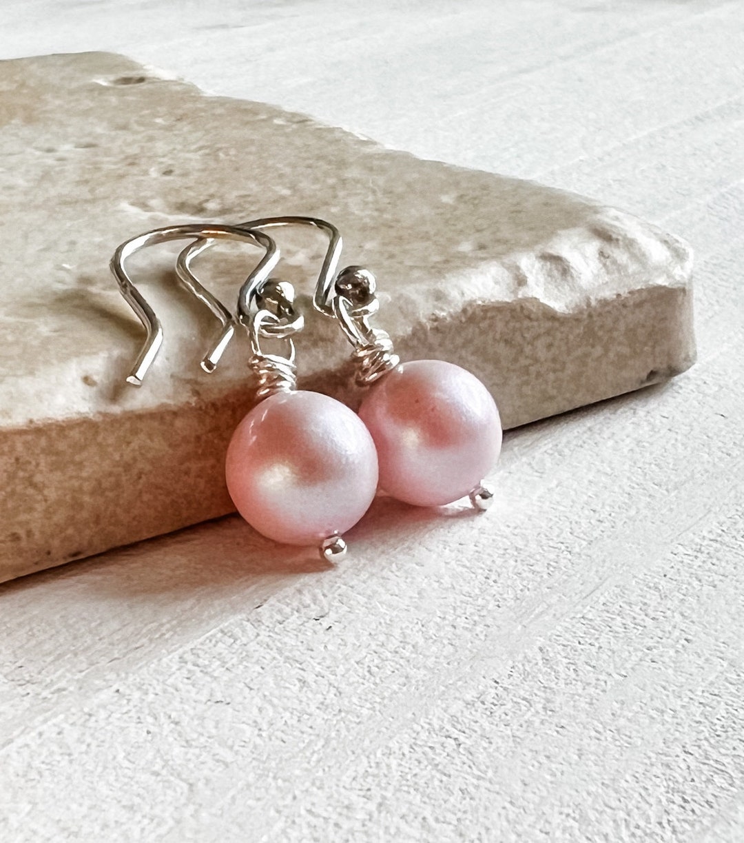 Velvet Pink Pearl Earrings, Minimalist Faux Pearl Dangle