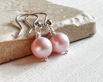 ピアス Flash Pearl Silver Pink Earrings Soft Pink Pearl Earrings, Drop Pearl Bridal Earrings, Cubic