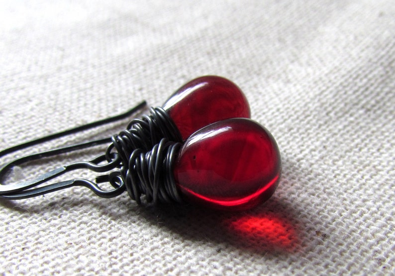 January Birthstone Garnet Red Earrings, Czech Glass in Pomegranate, Dark Red Teardrop Earrings, Sterling Silver Handmade Jewelry image 4