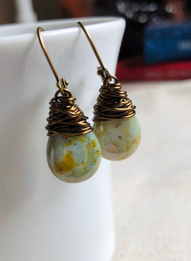 Sage Green Glass Drop Earrings, Earthen Green Teardrop Dangle Earrings, Handmade Gifts For Her Under 30, Antiqued Brass Wrapped image 4