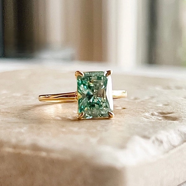 Green Moissanite Radiant Cut Solitaire Ring, VVS1 Certified Teal Moissanite Diamond Alternative Engagement Ring, Right Hand Ring for Her