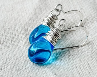 Aqua Blue Glass Earrings, Hand Wrapped in Sterling Silver, Light Blue Earrings, Czech Glass Bead Earrings, Something Blue Gifts for Her