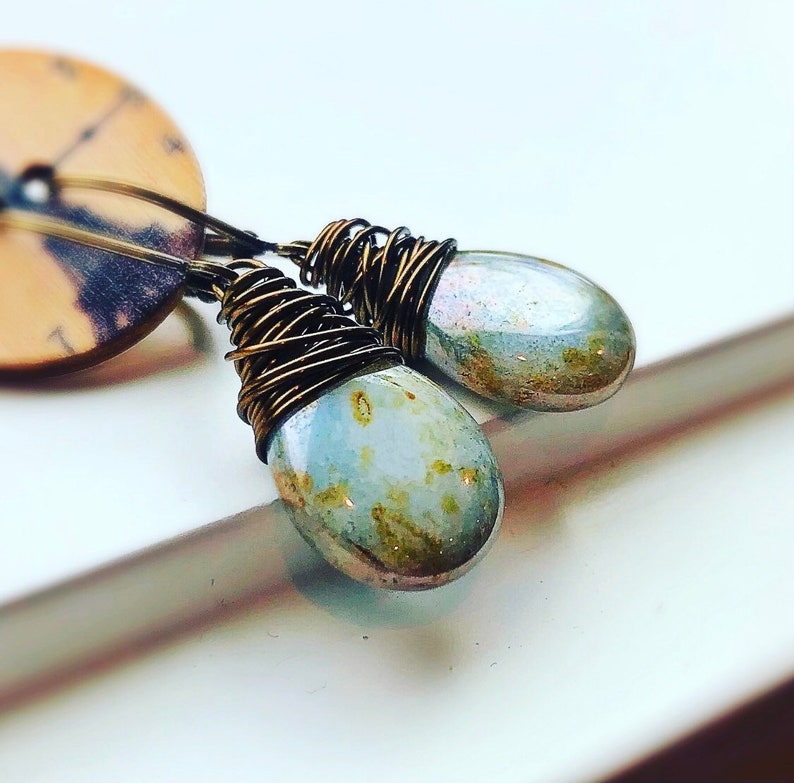 Sage Green Glass Drop Earrings, Earthen Green Teardrop Dangle Earrings, Handmade Gifts For Her Under 30, Antiqued Brass Wrapped image 3