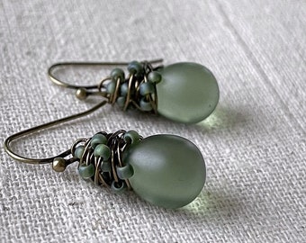 Sage Green Sea Glass Earrings, Moss Green Colorful Dangle Earrings, Czech Glass Wire Wrapped in Antiqued Brass, Gifts For Her Under 50