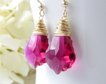 Pink Crystal Chandelier Earrings, Magenta Crystal Drop Earrings, Bridesmaid Earrings, 14KT Gold Filled Handmade Gifts for Her Under 50