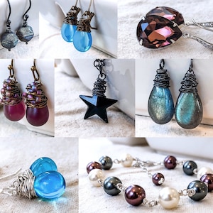 May include: Assortment of handmade jewelry featuring various styles and colors.  The jewelry includes earrings, a necklace, and a bracelet.  The earrings are made with wire wrapped stones, glass beads, and metal accents. The necklace features a star pendant with wire wrapped details. The bracelet is made with pearls, glass beads, and metal accents.