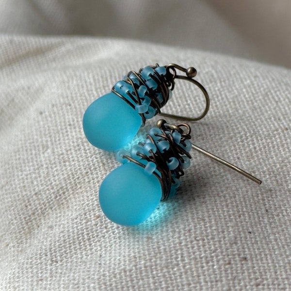 Baby Blue Sea Glass Earrings, Colorful & Chic Summer Sky Blue Earrings, Matte Frosted Boho Beach Earrings, Wire Wrapped Earrings For Her