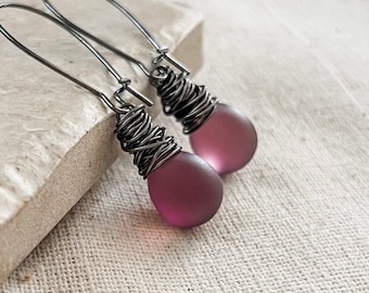 Plum Glass Earrings Hand Wrapped Drop Style Earrings, Aubergine Czech Glass Teardrop Earrings Wrapped in Gunmetal Brass