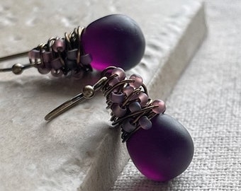 Dark Plum Sea Glass Earrings, Gifts For Her Under 25, Eggplant Purple Dangle Earrings, Hand Wire Wrapped Dark Purple, Cultured Sea Glass