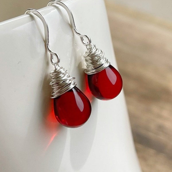 Garnet Red Czech Glass Dangle Earrings in Sterling Silver, January Birthstone Teardrop Earrings, Handmade Jewelry Gift For Her