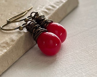 Little Red Drop Earrings, Czech Glass Hand Wrapped in Antiqued Brass, Bright Red Tiny Dangle Earrings, Gifts for Her Under 30