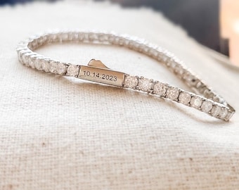Moissanite Tennis Bracelet Personalized Gift for Her or Him, Custom Engraved Tennis Chain in Sterling Silver, 18k Gold Dipped or Rose Gold