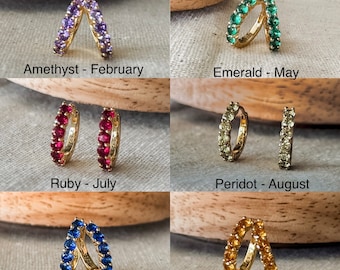 Birthstone Huggie Hoop Earrings, 3mm CZ Hoop Earrings in Amethyst, Emerald, Ruby, Sapphire, Topaz, Choose from Sterling Silver or Gold