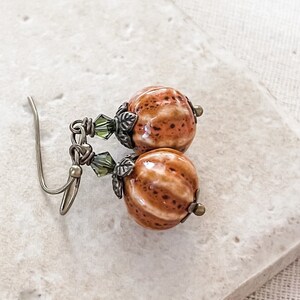 Cute Fall Pumpkin Earrings, Autumn Pumpkin Drop Earrings, Autumn Ceramic Bead Earrings, Porcelain Bead Earrings, Gifts For Her Under 30 image 2