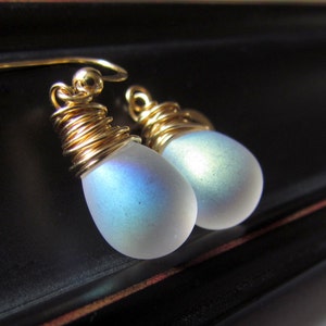 Frosted White Glass Earrings, Snow Drift in Gold Filled, Small Czech Glass Matte Frost Beads Hand Wrapped   Frosted Teardrop Dangle Earrings