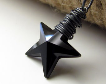 Jet Black Star Necklace, Swarovski Crystal Star Pendant, Hand Wrapped in Oxidized Sterling Silver, Celestial Gifts For Her Under 50