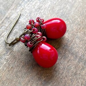 Little Red Drop Earrings, Poppy Red Glass Dangle Earrings, Hand Wrapped in Antiqued Brass, Gifts for Mom Under 30 image 2