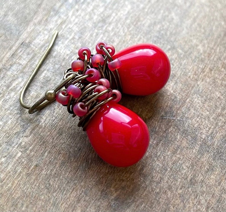 Little Red Drop Earrings, Poppy Red Glass Dangle Earrings, Hand Wrapped in Antiqued Brass, Gifts for Mom Under 30 image 2