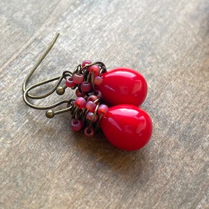 Little Red Drop Earrings, Poppy Red Glass Dangle Earrings, Hand Wrapped in Antiqued Brass, Gifts for Mom Under 30 image 5