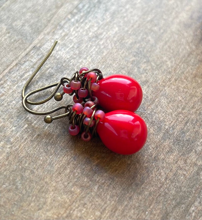 Little Red Drop Earrings, Poppy Red Glass Dangle Earrings, Hand Wrapped in Antiqued Brass, Gifts for Mom Under 30 image 5