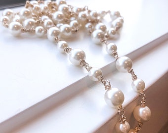 Ivory Swarovski Pearl Necklace, Long Gold-Filled Draped Chain