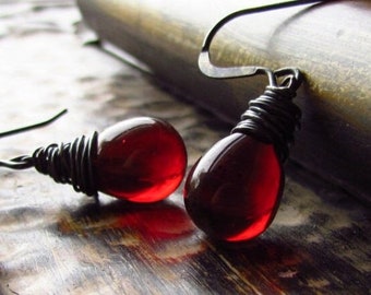January Birthstone Garnet Red Earrings, Czech Glass in Pomegranate, Dark Red Teardrop Earrings, Sterling Silver Handmade Jewelry