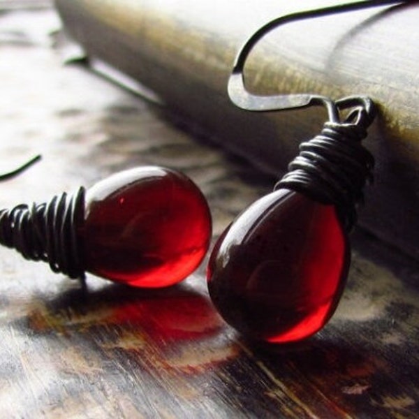 January Birthstone Garnet Red Earrings, Czech Glass in Pomegranate, Dark Red Teardrop Earrings, Sterling Silver Handmade Jewelry