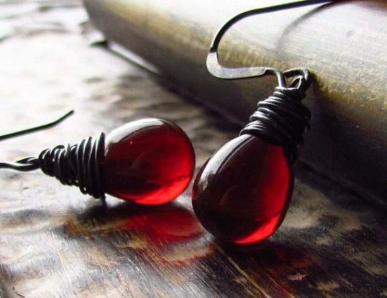 January Birthstone Garnet Red Earrings, Czech Glass in Pomegranate, Dark Red Teardrop Earrings, Sterling Silver Handmade Jewelry image 1