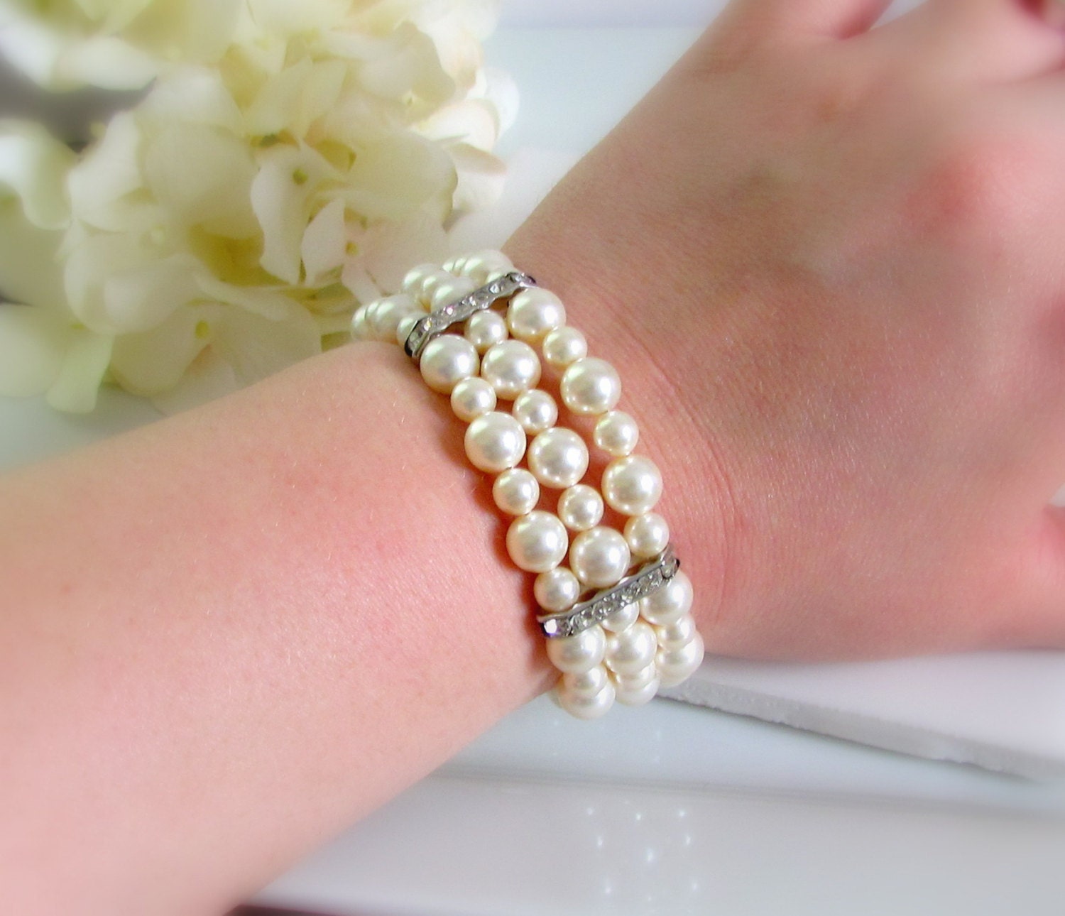Multistrand Ivory Pearl Bracelet Three Strand Pearl Cuff Etsy