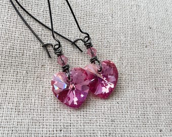 Pink Sugar Crystal Heart Dangle Earrings, Cute Valentine Earrings, Gunmetal and Crystal Valentine's Heart Drops, Gifts for Her