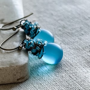 Baby Blue Sea Glass Earrings, Colorful & Chic Summer Sky Blue Earrings, Matte Frosted Boho Beach Earrings, Wire Wrapped Earrings For Her image 5