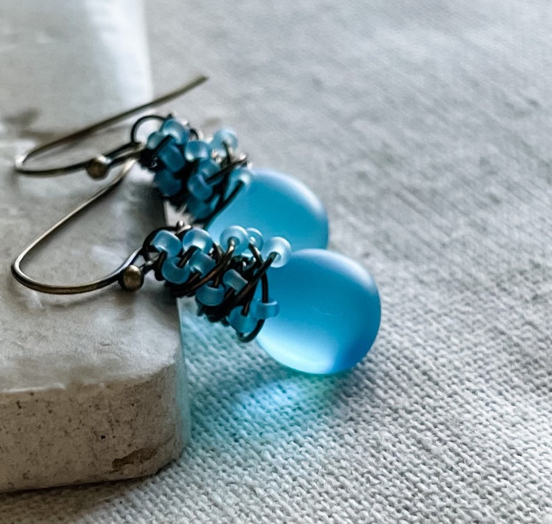 Baby Blue Sea Glass Earrings, Colorful & Chic Summer Sky Blue Earrings, Matte Frosted Boho Beach Earrings, Wire Wrapped Earrings For Her image 5