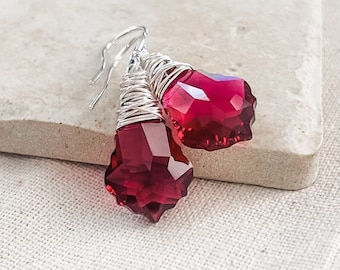 Pink Ruby Crystal Baroque Dangle Earrings, Sterling Silver Wire Wrapped Statement Earrings for Women, Gorgeous Gifts For Her under 50