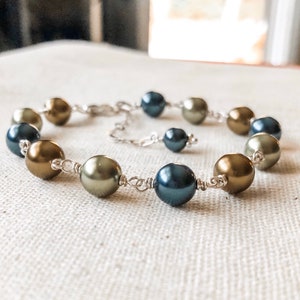 Tahitian Pearl Bracelet, Full Wrapped Pearl Chain Bracelet in Sage, Tahitian and Bronze, Faux Glass Pearl Bracelet for Her - Silver or Gold