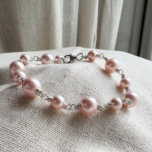 Pink Pearl Hand Wrapped Bracelet, Rosaline Pink Classic Minimalist Pearl Bracelet, Choose Your Color, Sterling Silver or Gold Filled