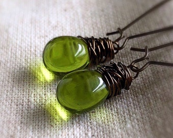 Olive Green Teardrop Earrings for Women, Antique Brass Wrapped Mossy Czech Glass, Small Dangle Earrings - Perfect Gift Under 30