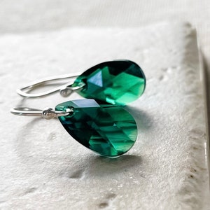 Emerald Green Crystal Drop Earrings, Sparkly Dangle Earrings, Swarovski Pear Crystal in Emerald Sterling Silver, Gifts For Her Under 30