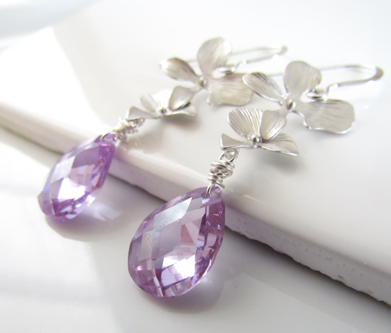 Lavender Cubic Zirconia Earrings, Sterling Silver Orchid Flowers
