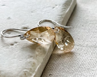 Champagne Crystal Drop Earrings, Sparkly Dangle Earrings, Swarovski Pear Crystal in Champagne Sterling Silver, Gifts For Her Under 30