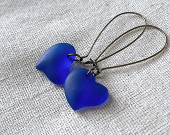 Cobalt Blue Heart Dangle Earrings, Royal Blue Cultured Sea Glass Drop Earrings, Gift for Her Under 30 - Adorable Valentine’s Earrings