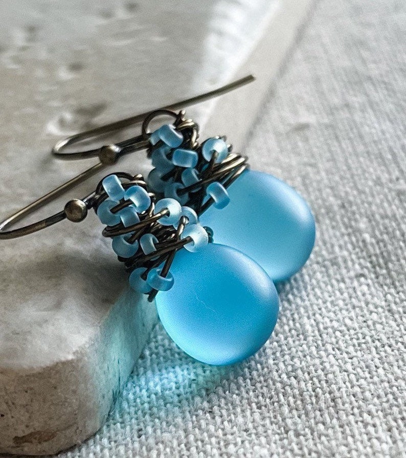Baby Blue Sea Glass Earrings, Colorful & Chic Summer Sky Blue Earrings, Matte Frosted Boho Beach Earrings, Wire Wrapped Earrings For Her image 1