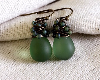 Sage Green Glass Earrings, Confetti Collection, Sea Glass Earrings, Czech Glass, Hand Wire Wrapped in Antiqued Brass, Gifts under 25