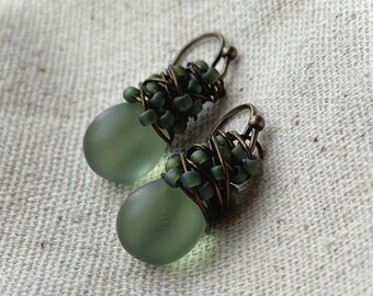 Sage Green Sea Glass Earrings, Moss Green Colorful Dangle Earrings, Czech Glass Wire Wrapped in Antiqued Brass, Gifts For Her Under 50