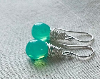 Green Opal Glass Earrings, Seafoam Czech Glass Beads, Aqua Green Earrings, Hand Wrapped in Sterling Silver, Gifts For Her Under 40