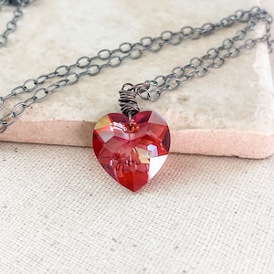 Red Heart Necklace Wrapped in Dark Oxidized Sterling Silver, XOXO Valentine Gifts for Her, Swarovski Crystal Heart Pendant