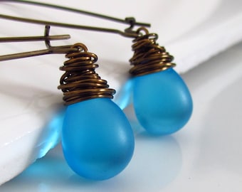 Sky Blue Glass Earrings, Czech Glass, Baby Blue Earrings, Antiqued Brass, Wire Wrapped Teardrop Earrings, Simple Blue Earrings