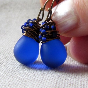 Cobalt Blue Sea Glass Earrings, Boho Beach Vibe Tiny Dangle Earrings, Royal Blue Cultured Sea Glass Earrings, Gifts for Her Under 30